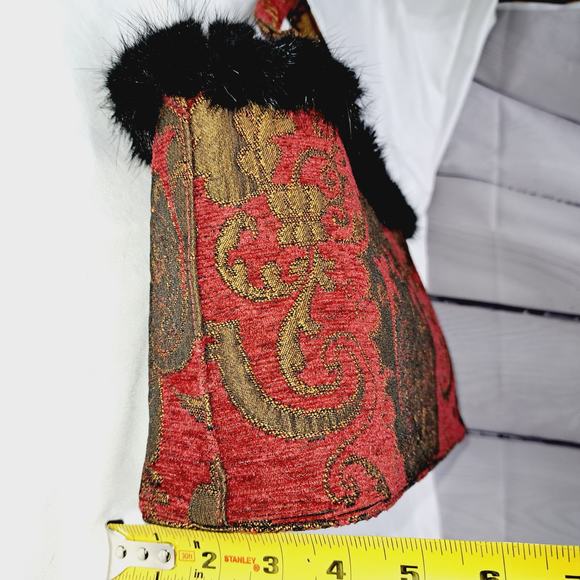Boho Rich Red Gold Tapestry Hand Bag Rabbit Fur Pompom around top Snap closure - Picture 8 of 13